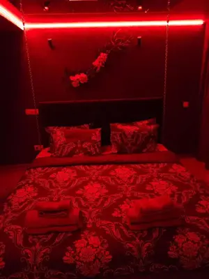 a red bedroom with a bed with red lighting at Кокиче 3 in Sofia