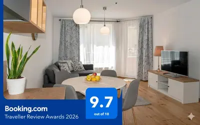 a living room with a table with fruit on it at 