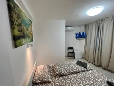 a bedroom with a bed and a painting on the wall at The rainbow 1 & free motorcycle parking in Sofia