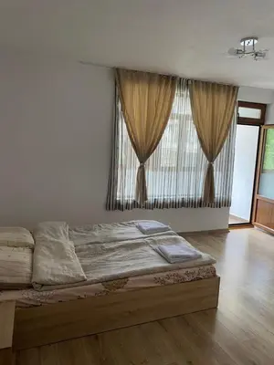 a bed in a room with a large window at Апартамент за гости in Devin