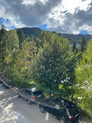 a group of cars parked on the side of a street at Апартамент за гости in Devin