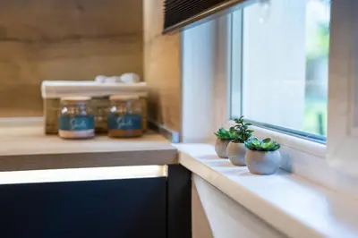 a kitchen counter with three plants in vases on a window sill at Lozenets Modern Apartment Tranquil & Central in Sofia