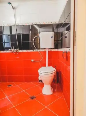 a red bathroom with a toilet and a shower at Top Center Studio 1 in Sofia