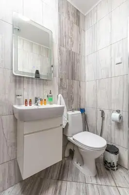 a bathroom with a toilet and a sink and a mirror at 'Little Little' House in the town CENTER & PARKING in Plovdiv