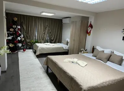 a bedroom with two beds and a christmas tree at Guest House Tatiana Studio in Petrich