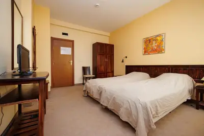 a bedroom with a bed and a desk and a television at Конна база и Къща за гости Дворене in Razlog