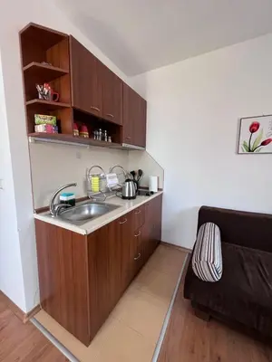 a small kitchen with a sink and a couch at Jordan Apartment’s Bansko in Bansko