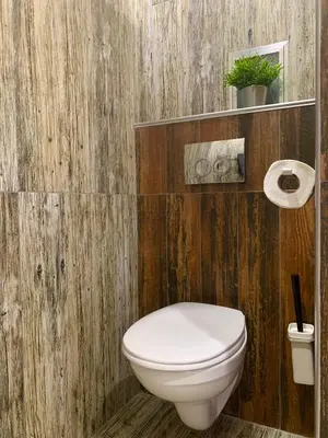 a bathroom with a toilet and a wooden wall at Blue loft & 2bedrooms & parking in Sofia