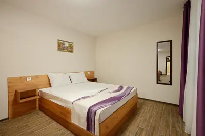 a bedroom with a bed and a mirror at Комплекс Колонада in Hisarya