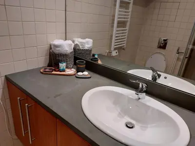 a bathroom counter with a sink and a mirror at Residence E205 Euphoria Borovets in Borovets