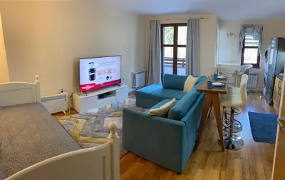 a living room with a blue couch and a tv at Ski to door at Mountain View 1BR condo Bansko in Bansko