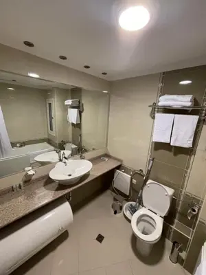 a bathroom with a sink and a toilet and a mirror at Bansko Downtown R LUX apartment in Bansko