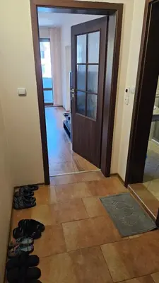 a hallway with a door and a bunch of shoes at Апартамент Николови Пампорово in Pamporovo