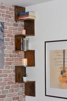 a brick wall with wooden shelves on a wall at The Music House - Exclusive Studio in the Heart of Sofia by Flat Mаnager in Sofia
