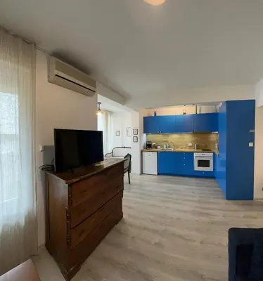 a living room with blue cabinets and a television on a dresser at Eli's cozy place in Sofia
