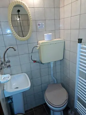 a bathroom with a toilet and a sink and a mirror at Kovacha Guest House in Raduil