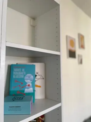 a shelf with a book and a box on it at 2-BDR Flat Near the Mall, Spacious & Cozy by Flat Mаnager in Sofia