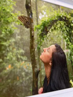 a woman looking up at a butterfly on a tree at Bulgarane House in Govedartsi