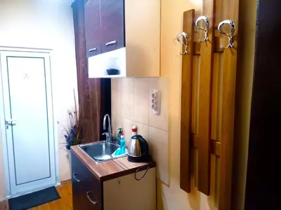 a small kitchen with a sink and a cabinet at Апартамент в центъра на София - plus Free Vouchers in Sofia