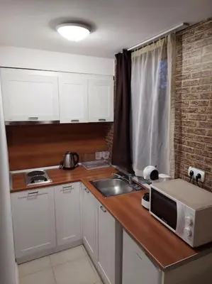 a kitchen with a sink and a microwave on a counter at Apartment in Bansko in Bansko
