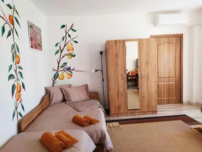 a bedroom with two beds and a mirror at Дом за Гости Осогово in Kyustendil