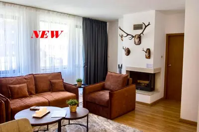 a living room with a couch and a fireplace at Antonovi Apartments 1 in hotel Laplandia in Pamporovo