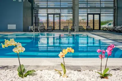 a swimming pool with flowers in front of it at Terme di Hissar Village in Hisarya