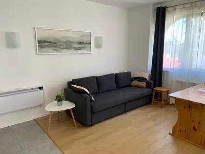 a living room with a couch and a tv at Flora Clover One Bedroom Apartment nr. 18 in Borovets