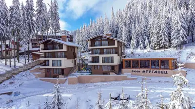 a lodge in the snow with snow covered trees at Boutique Villas Murgavets Pamporovo in Pamporovo