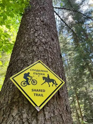 a sign on a tree that says shared trail at Arboro Royal Plaza in Borovets