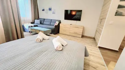 a living room with a bed and a couch at Arboro Borovets Gardens E43 in Borovets