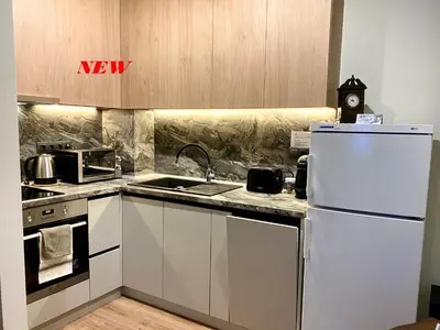 a kitchen with a white refrigerator and a sink at Antonovi Apartments 2 in hotel Laplandia in Pamporovo