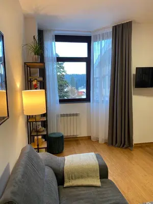 a living room with a couch and a large window at Sana Ski apartment 620 in Flora, Borovets in Borovets