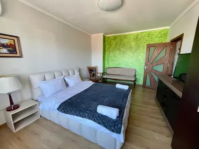 a bedroom with a bed and a television in it at Amazing view central 1 bedroom apartment in Pazardzhik