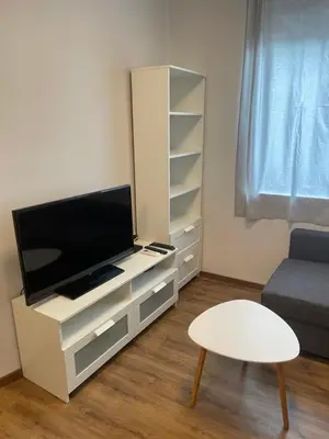 a living room with a entertainment center with a flat screen tv at Top Center 2-BR Apartment with lovely Outdoor Area in Plovdiv