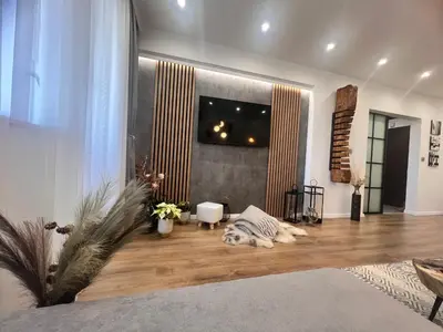 a living room with a dog laying on the floor at Ski Bansko Design Apartments in Bansko