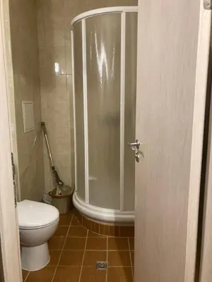 a bathroom with a shower and a toilet in it at Boutique & artistic 3 bedroom apartment. in Pamporovo