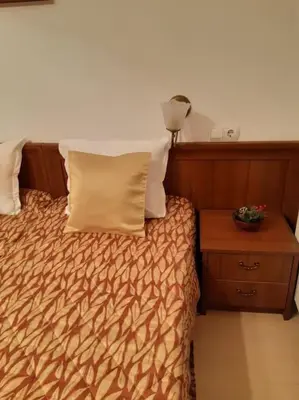 a bedroom with a bed and a night stand with a lamp at Gondola lift apartment in Bansko