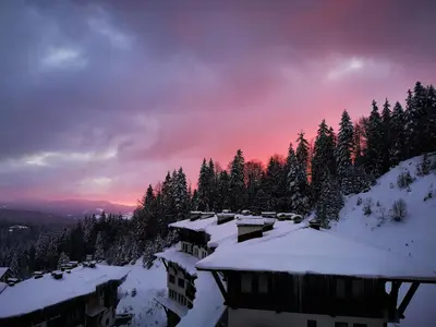 a snow covered roof of a building with snow covered trees at Viva 4 Apartment ski to the door complex Grand Monastery Pamporovo in Pamporovo