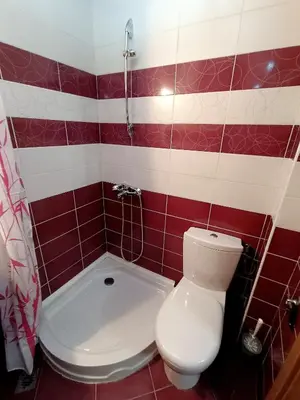 a bathroom with a white toilet and red tiles at Viva 4 Apartment ski to the door complex Grand Monastery Pamporovo in Pamporovo