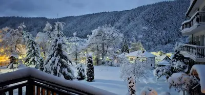 a winter view of a town with snow covered trees at Апартамент Edelweiss in Beli Iskar