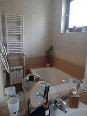 a bathroom with a tub and a toilet and a sink at Mila VIP Apartment in Bansko