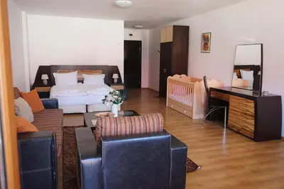 a living room with a bed and a couch at АПАРТАМЕНТ ЗА ГОСТИ ЕВЕЛИН in Pamporovo