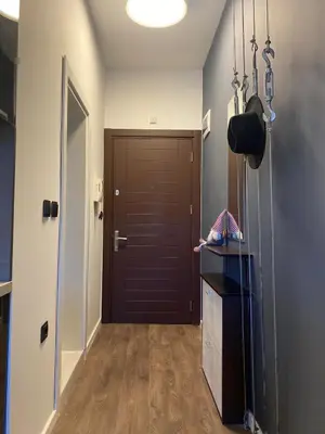 a hallway with a dark brown door and a counter at Studio Nr 6 in Bansko