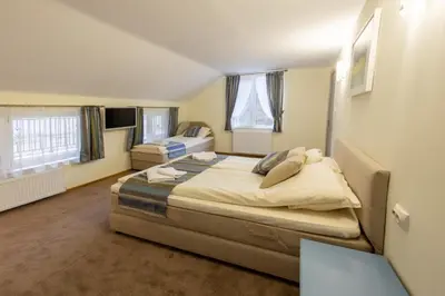 a bedroom with a large bed and two windows at Зеления Осъм Green Osam in Chiflik