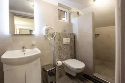 a bathroom with a toilet and a sink at Зеления Осъм Green Osam in Chiflik