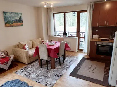 a kitchen and living room with a table and a couch at Apartment Dream Pamporovo in Pamporovo