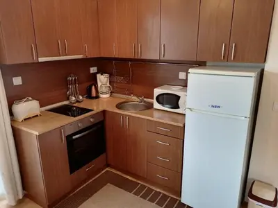 a small kitchen with wooden cabinets and a white refrigerator at Apartment Dream Pamporovo in Pamporovo
