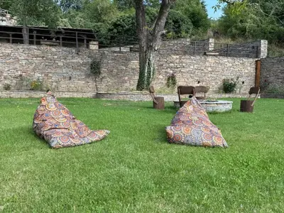 two pillows sitting on the grass in a yard at Vladimirov's House Kovachevitsa , Цяла къща in Kovachevitsa