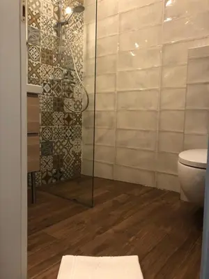 a bathroom with a shower and a toilet at Lavender Suite in Dragichevo